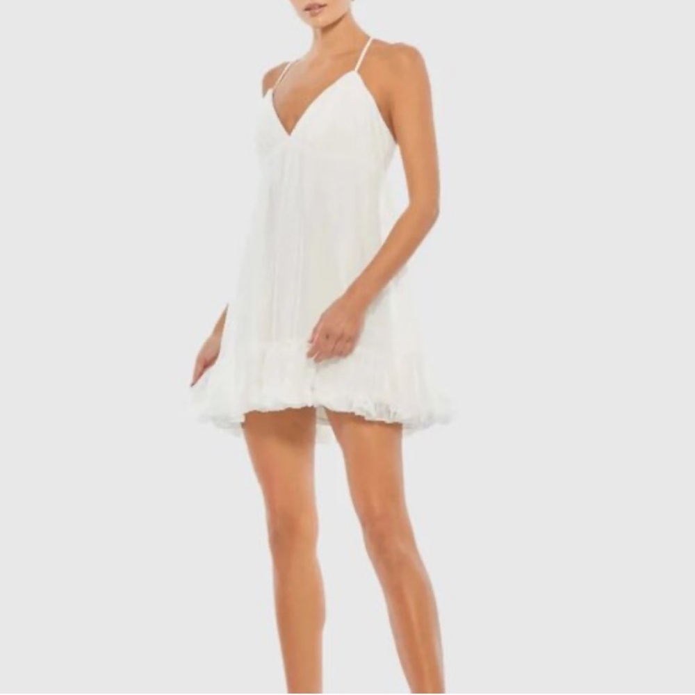 Ieena for Mac Duggal 70194 White Ruffle V-Neck Criss-Cross Mini Dress 8